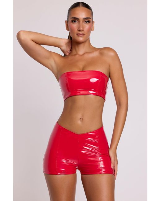 Oh Polly Red Vinyl Angled Waist Mini Shorts