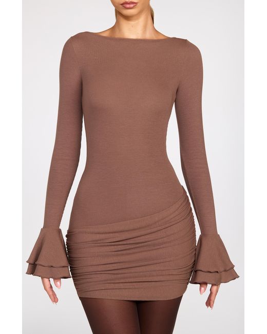 Oh Polly Brown Ribbed Modal Long-Sleeve Draped Mini Dress