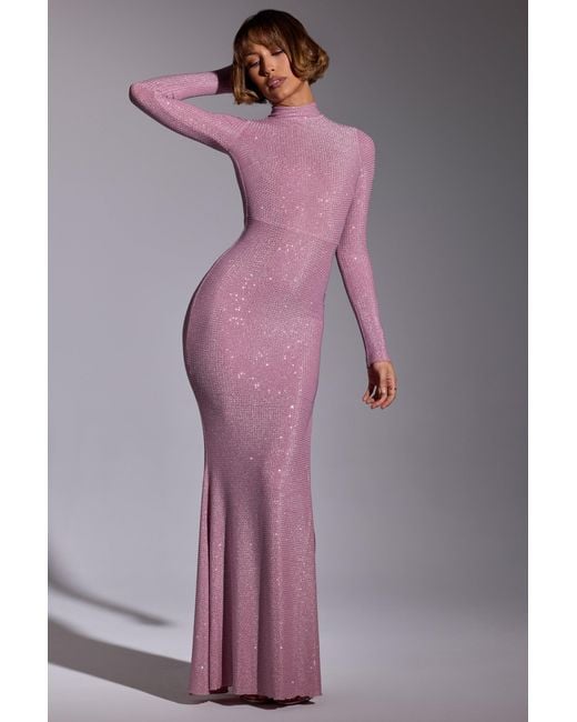 Oh Polly Pink Embellished Long Sleeve Evening Gown