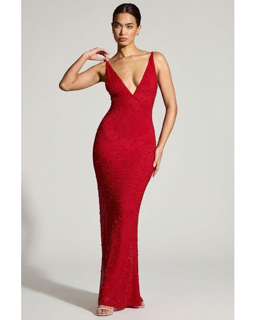 Oh Polly Red Embellished Plunge Neck Evening Gown