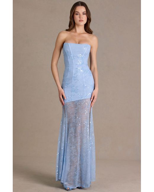Oh Polly Blue Embellished Lace Corset Gown