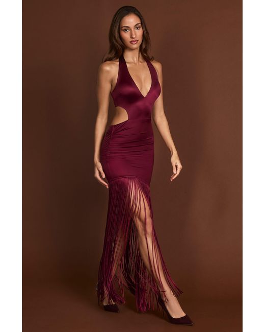 Oh Polly Red Fringed Plunge-Neck Maxi Dress