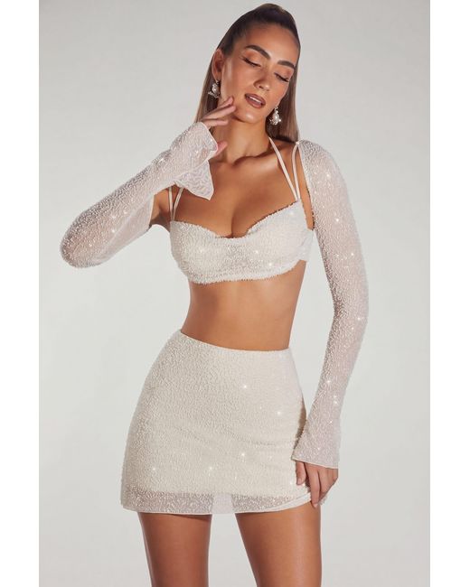 Oh Polly White Embellished Long Sleeve Crop Top
