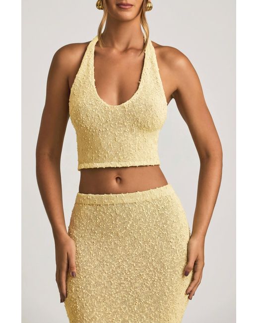 Oh Polly Yellow Bouclé Halterneck Crop Top