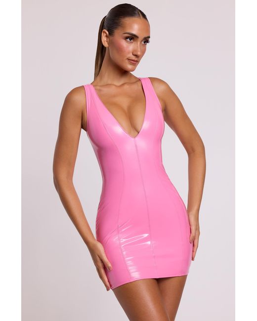 Oh Polly Pink Vinyl Plunge Neck Bodycon Mini Dress