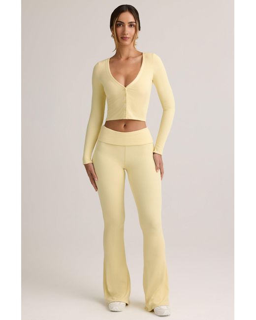 Oh Polly Yellow Modal Ribbed Foldover Flared Trousers