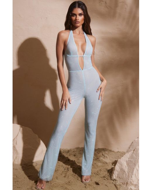 Oh Polly Blue Embellished Plunge Neck Jumpsuit