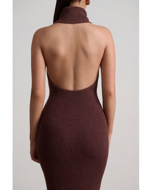 Oh Polly Brown Ribbed-Knit Turtleneck Backless Maxi Dress