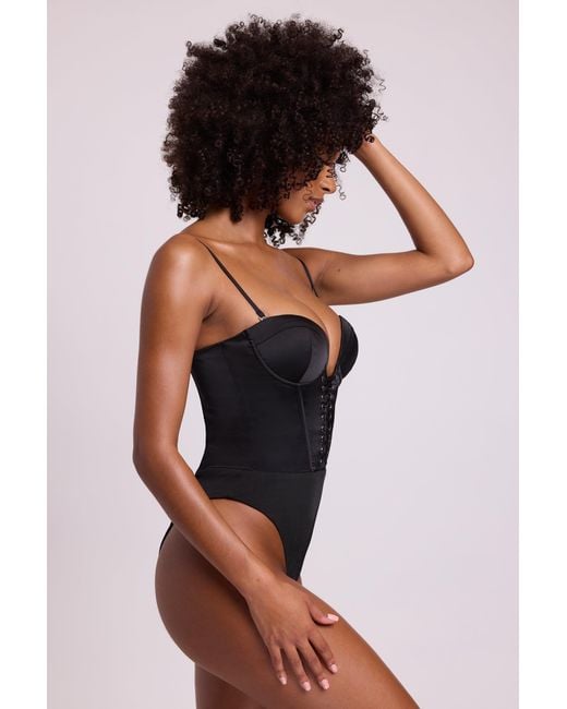 Oh Polly Black Satin Plunge Neck Lace Up Corset Bodysuit