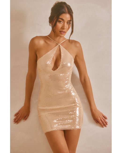 Oh Polly Natural Sheer Sequin Asymmetric Cut Out Mini Dress