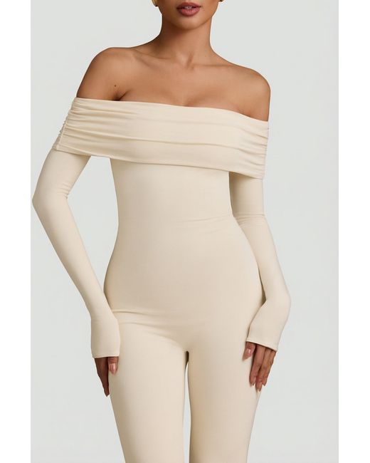 Oh Polly White Modal Off-Shoulder Ruched Jumpsuit