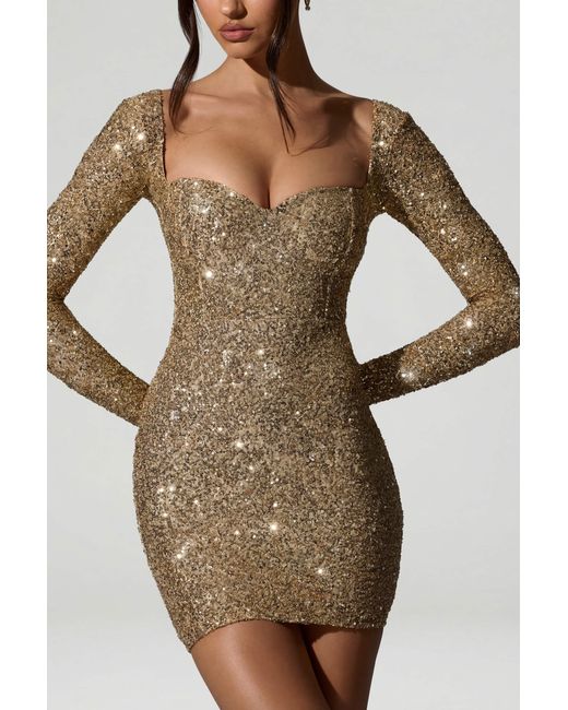 Oh Polly Metallic Embellished Sweetheart-Neck Mini Dress