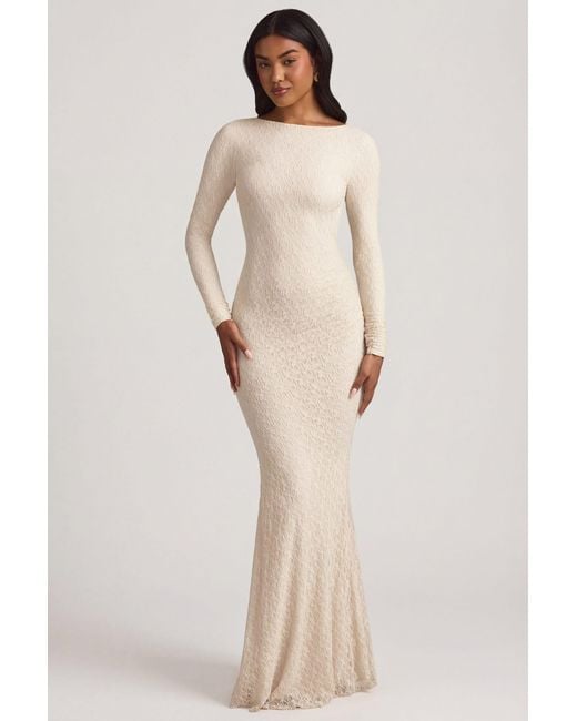 Oh Polly White Ruched Backless Lace Maxi Dress