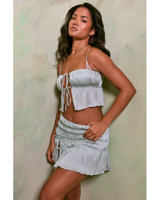 Oh Polly Green Shirred Tie Up Front Crop Top