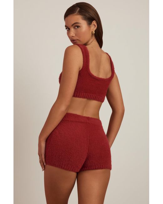 Oh Polly Red Fluffy Knit Mid-Rise Mini Shorts