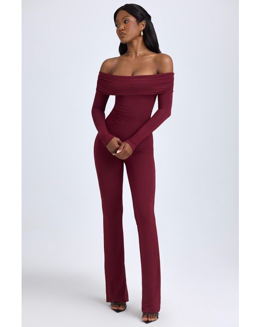 Oh Polly Red Modal Off-Shoulder Ruched Jumpsuit