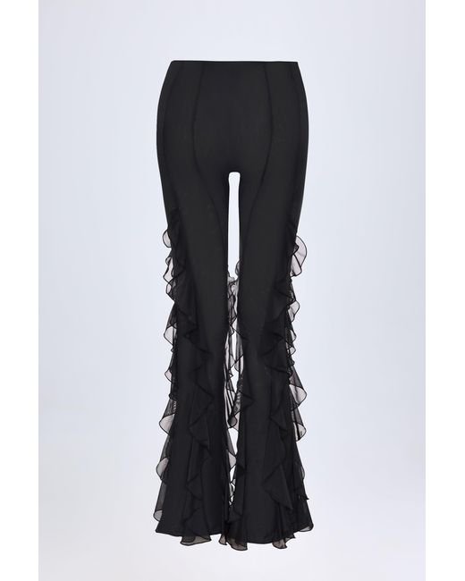 Oh Polly Black Ruffled Mid-Rise Flared Trousers