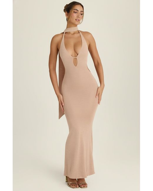 Oh Polly Pink Scarf-Detail Cut-Out Halterneck Maxi Dress
