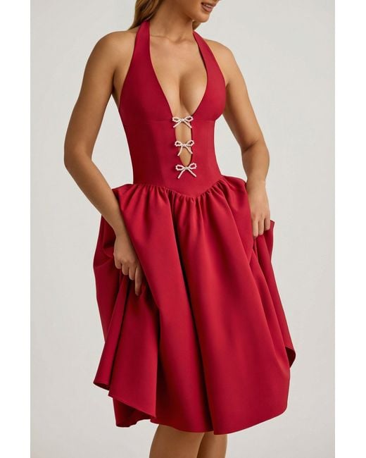 Oh Polly Red Halterneck Bow-Detail Midi Dress