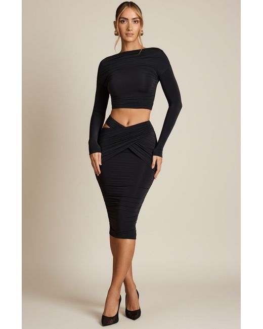 Oh Polly Black Cut-Out Draped High-Rise Midi Skirt