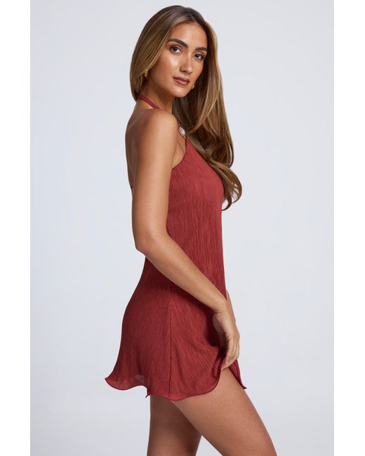 Oh Polly Brown Hardware Detail Open-Back Halterneck Micro Mini Dress