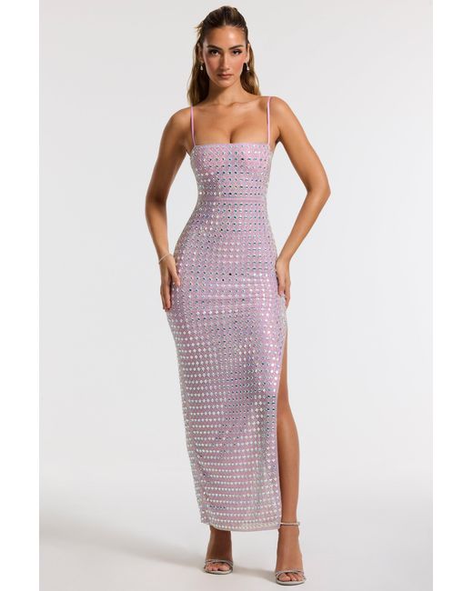 Oh Polly Purple Embellished Square Neck Thigh Split Gown