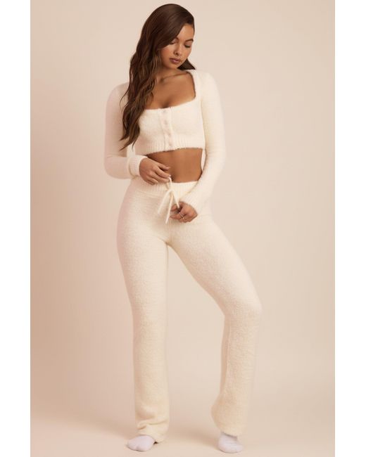Oh Polly White Fluffy Knit Wide-Leg Trousers