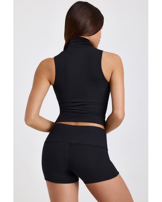 Oh Polly Black Modal Ribbed Mid-Rise Foldover Shorts
