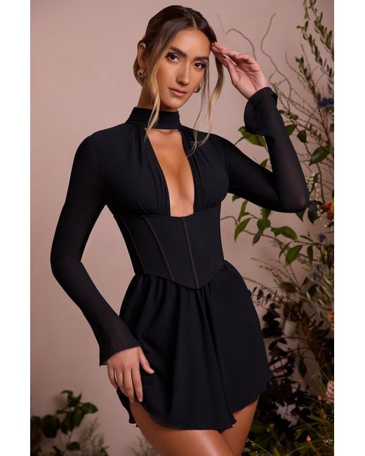 Oh Polly Black Long Sleeve Plunge Neck Mini Dress