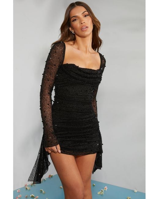 Oh Polly Black Long Sleeve Embellished Cowl Neck Mini Dress