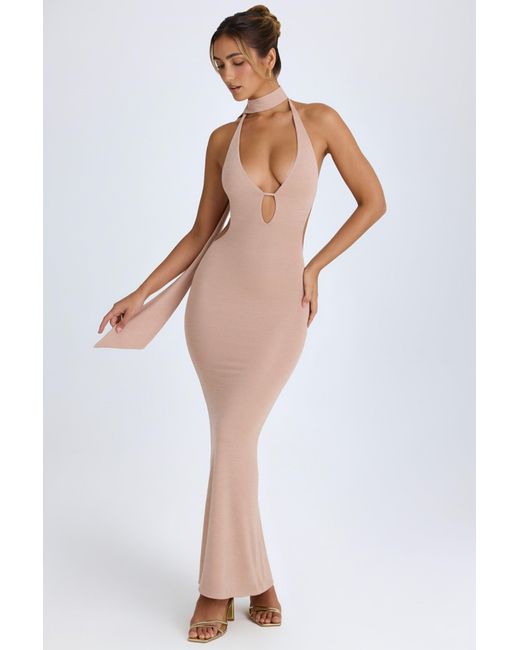 Oh Polly Pink Scarf-Detail Cut-Out Halterneck Maxi Dress