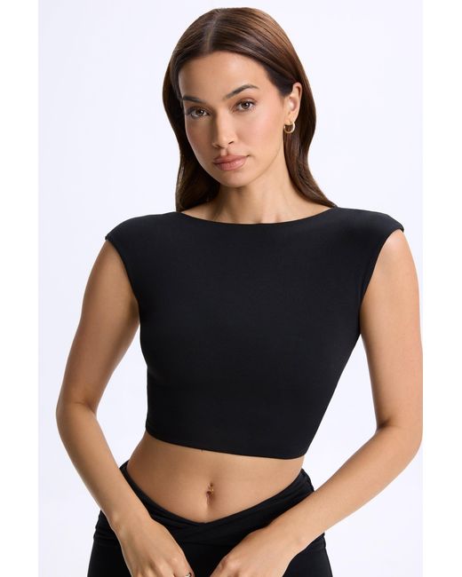 Oh Polly Black Modal Cap-Sleeve Open-Back Crop Top