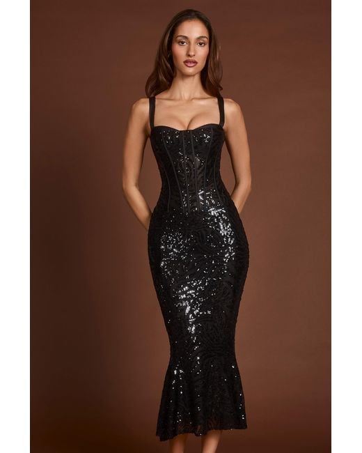 Oh Polly Black Embellished Peekaboo Corset Midaxi Dress