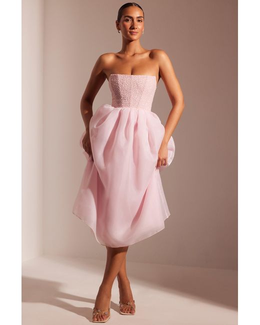 Oh Polly Pink Embellished Corset Tulle Skirt Midi Dress