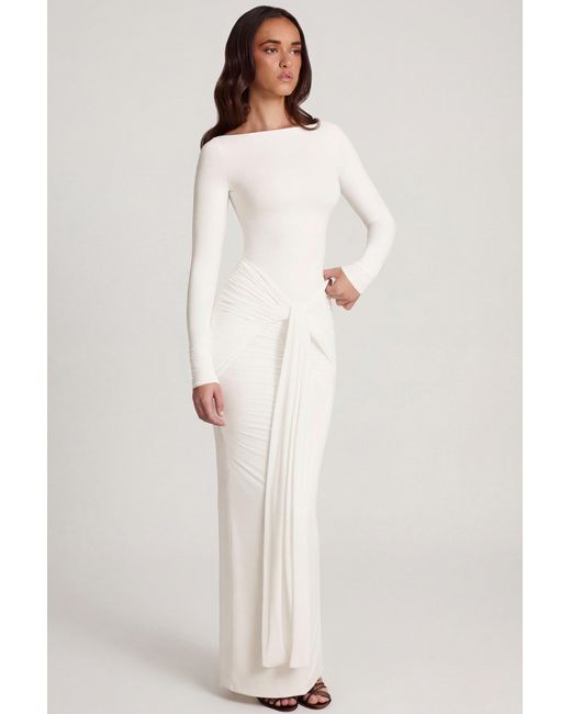 Oh Polly White Soft Jersey Boat-Neck Tie-Gather Maxi Dress