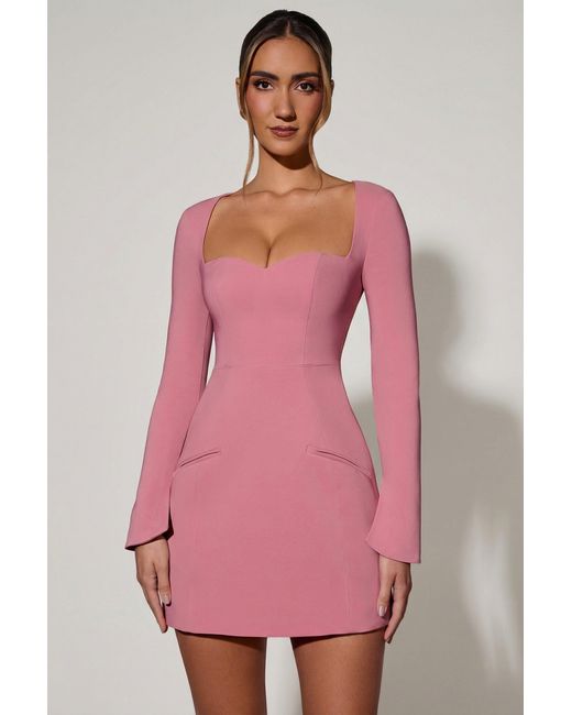 Oh Polly Pink Sweetheart-Neck Long-Sleeve A-Line Mini Dress