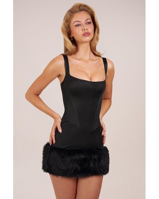 Oh Polly Black Satin Square-Neck Corset Faux-Fur Mini Dress