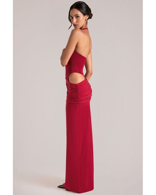 Oh Polly Red Deep Plunge Halterneck Maxi Dress