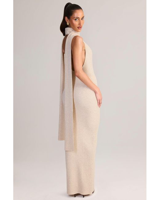 Oh Polly White Rib-Knit Scarf-Detail Halterneck Maxi Dress
