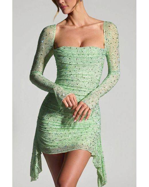 Oh Polly Green Embellished Draped Cowl-Neck Mini Dress