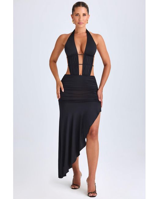 Oh Polly Black Asymmetric Cut-Out Halterneck Midaxi Dress