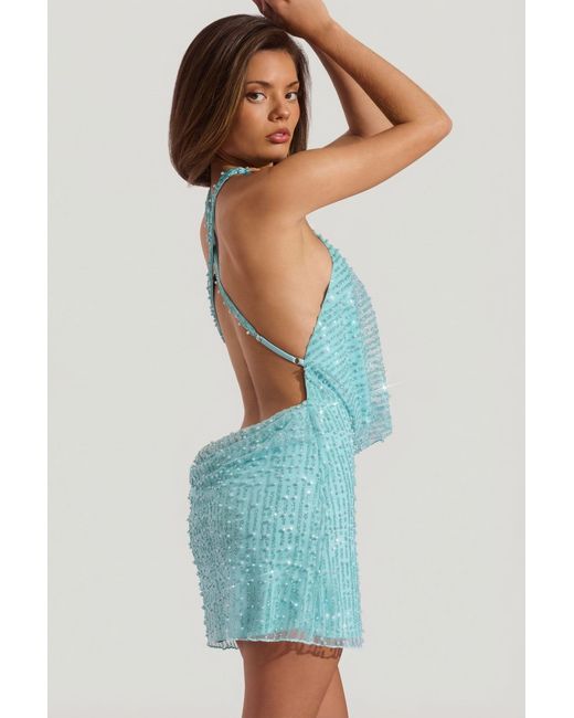 Oh Polly Blue Embellished Cowl-Neck Backless Mini Dress