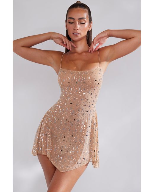 Oh Polly Natural Sheer Embellished Scoop Neck Mini Dress