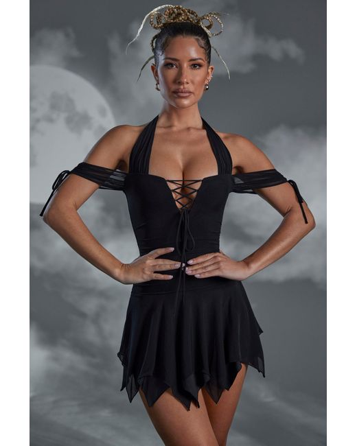 Oh Polly Black Lace Up Halter Neck Mini Dress