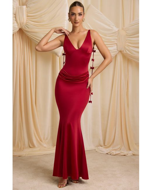 Women's Red Bow-Detail Draped Open-Back Gown