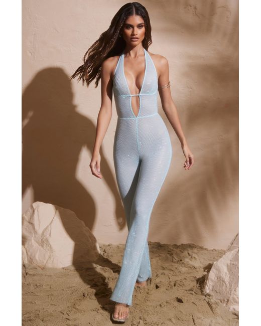 Oh Polly Blue Embellished Plunge Neck Jumpsuit