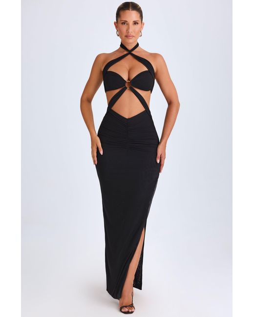 Oh Polly Black Hardware Detail Cut-Out Halterneck Maxi Dress