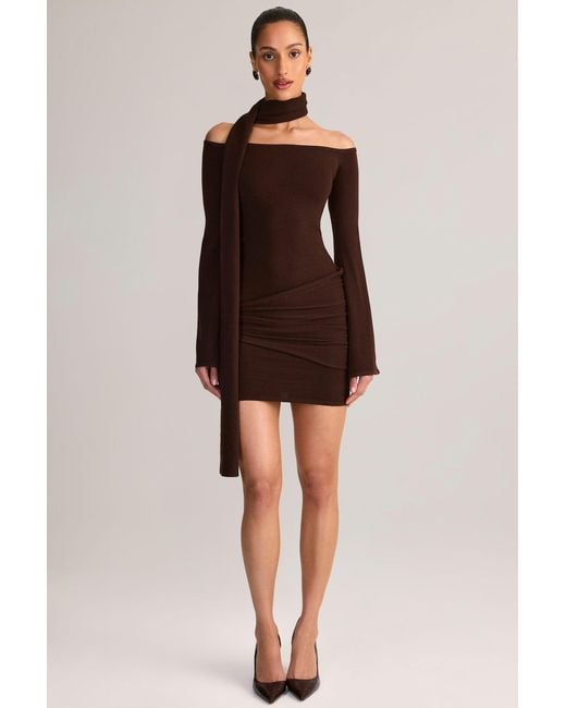 Oh Polly Brown Knit Scarf-Detail Off-Shoulder Mini Dress