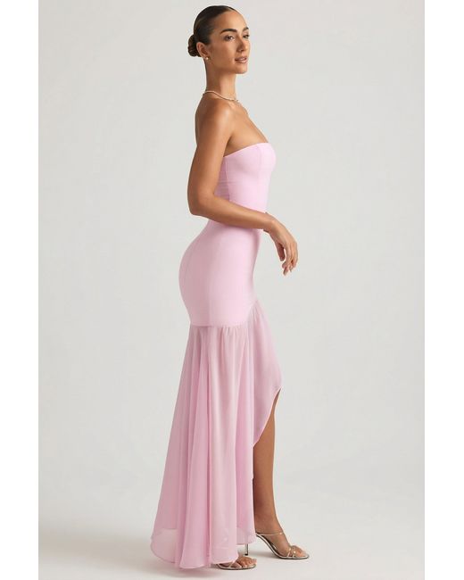 Oh Polly Pink Asymmetric Strapless Fishtail Maxi Dress