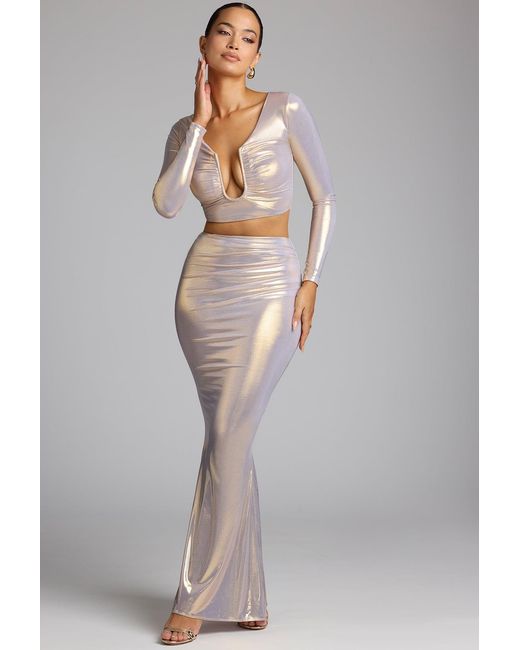 Oh Polly Mid Rise Metallic Jersey Maxi Skirt